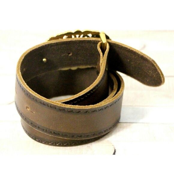 BROWN GENUINE LEATHER HOOK BUCKLE EMBOSSED CASUAL 1.5"Wd WOMEN'S BELT S/M (M37 - Picture 3 of 9